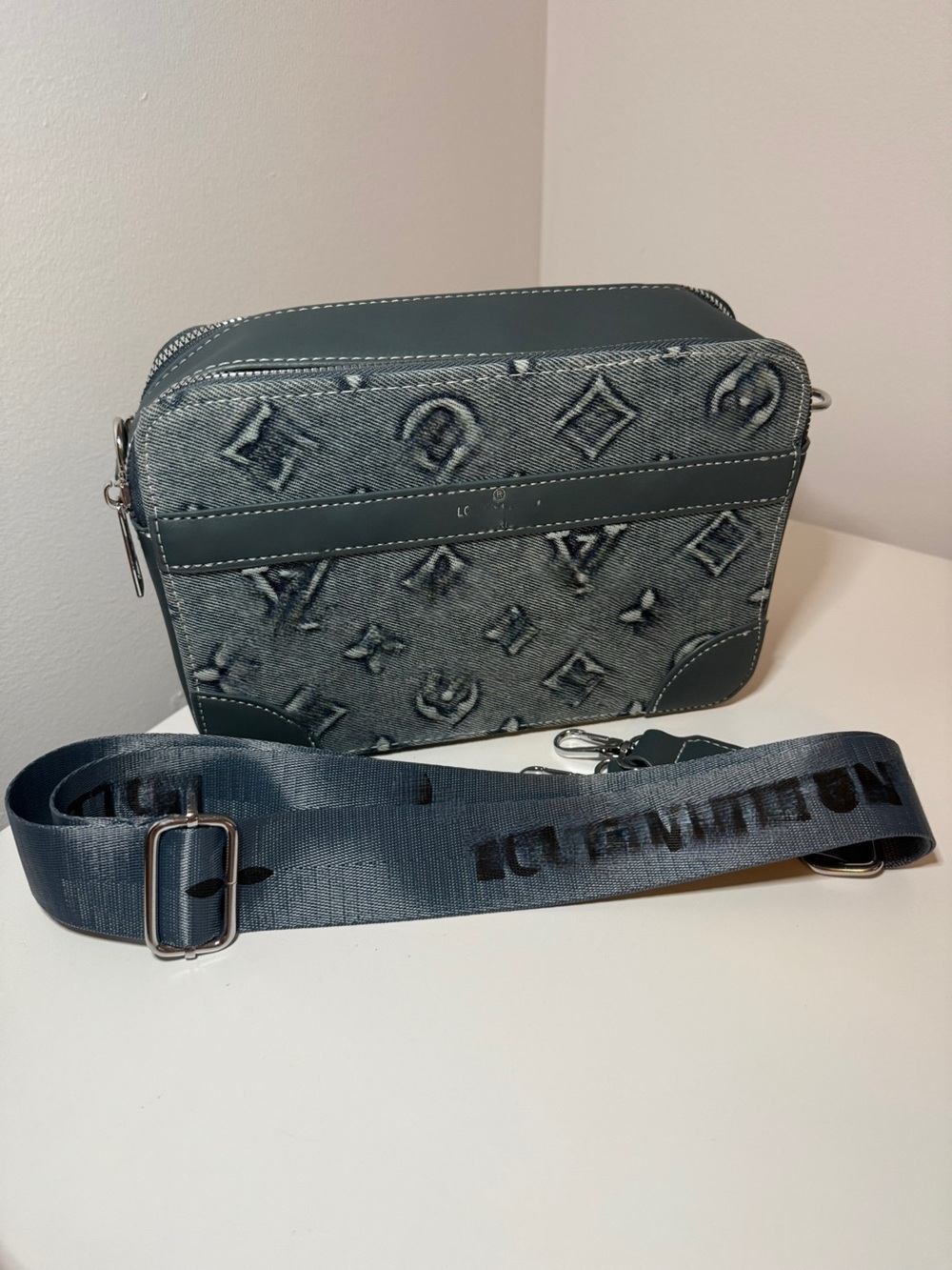 Blue Embossed Denim Crossbody Bag